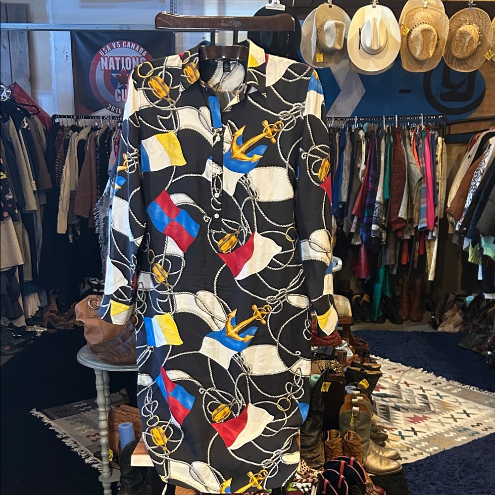 Lauren Ralph Lauren Black and White Nautical Midi Silk Shirt Dress